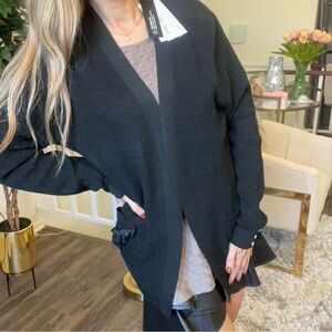 NWT Chloe +Jasmine Long Sleeve V Neck Open Front Pocketed Black Knit Cardigan L
